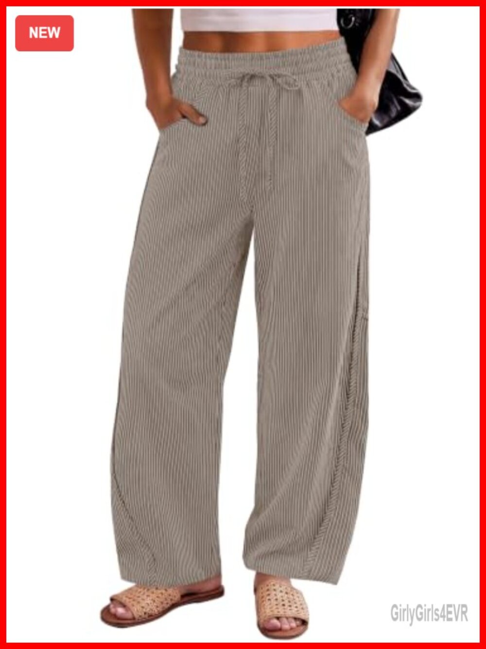 Womens Barrel Striped Pants Wide Leg Elastic Waist Trousers